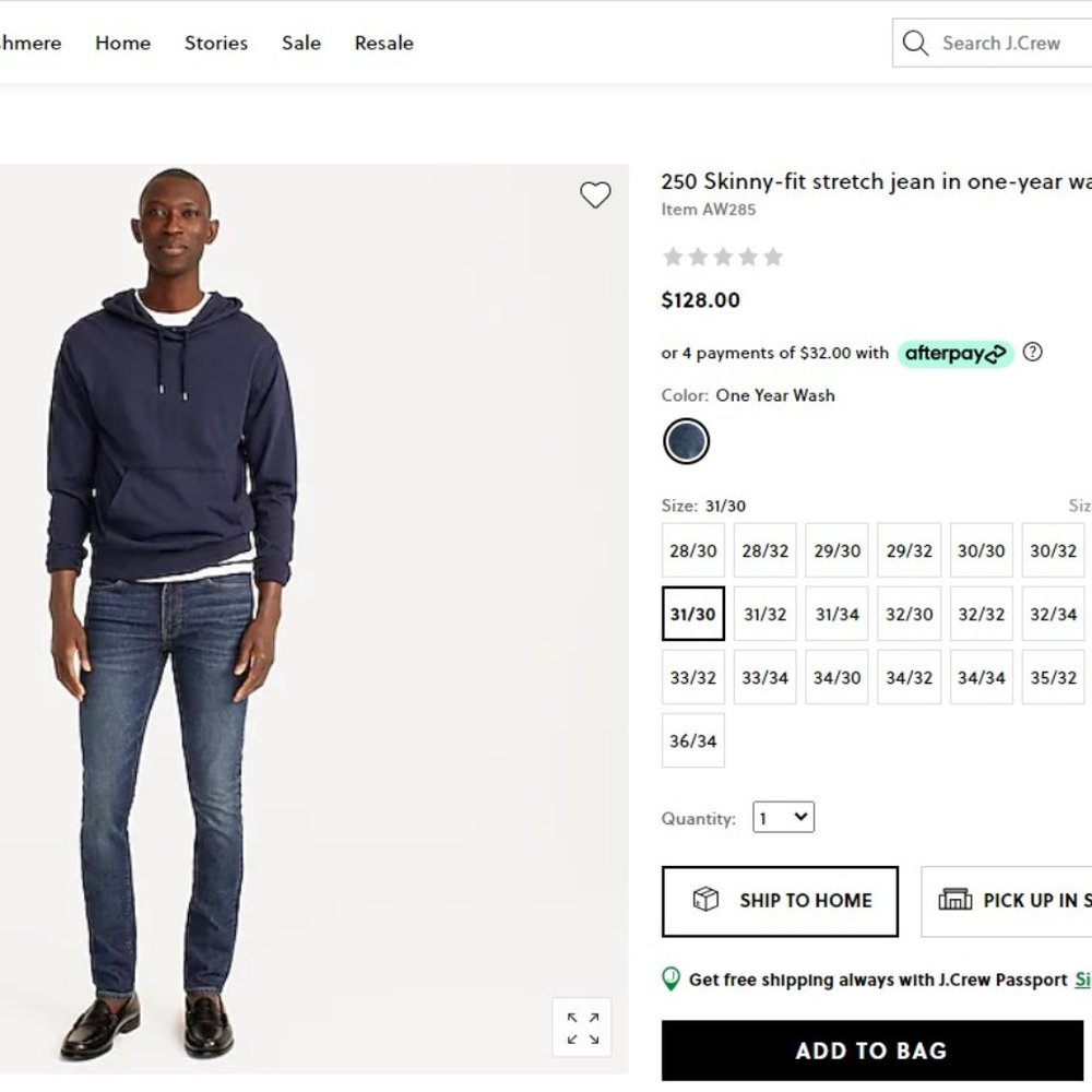 J Crew 250 Skinny Fit Stretch Jean in One Year Wash Sz 31 / 30 - AW285 BNWT +